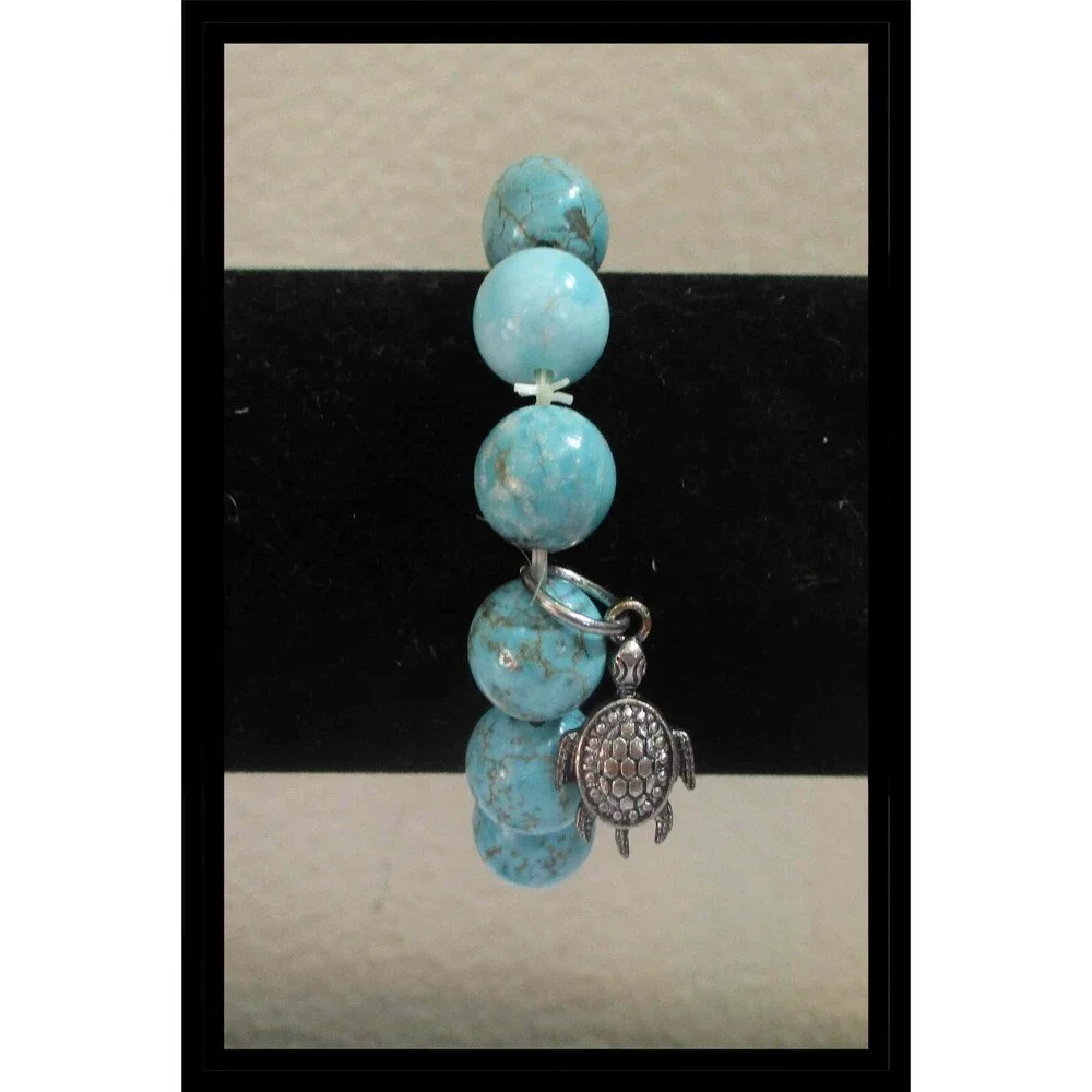 Ashley Bridget Stretch Bracelet Turtle Charm Chunky Round Turquoise Beads B007